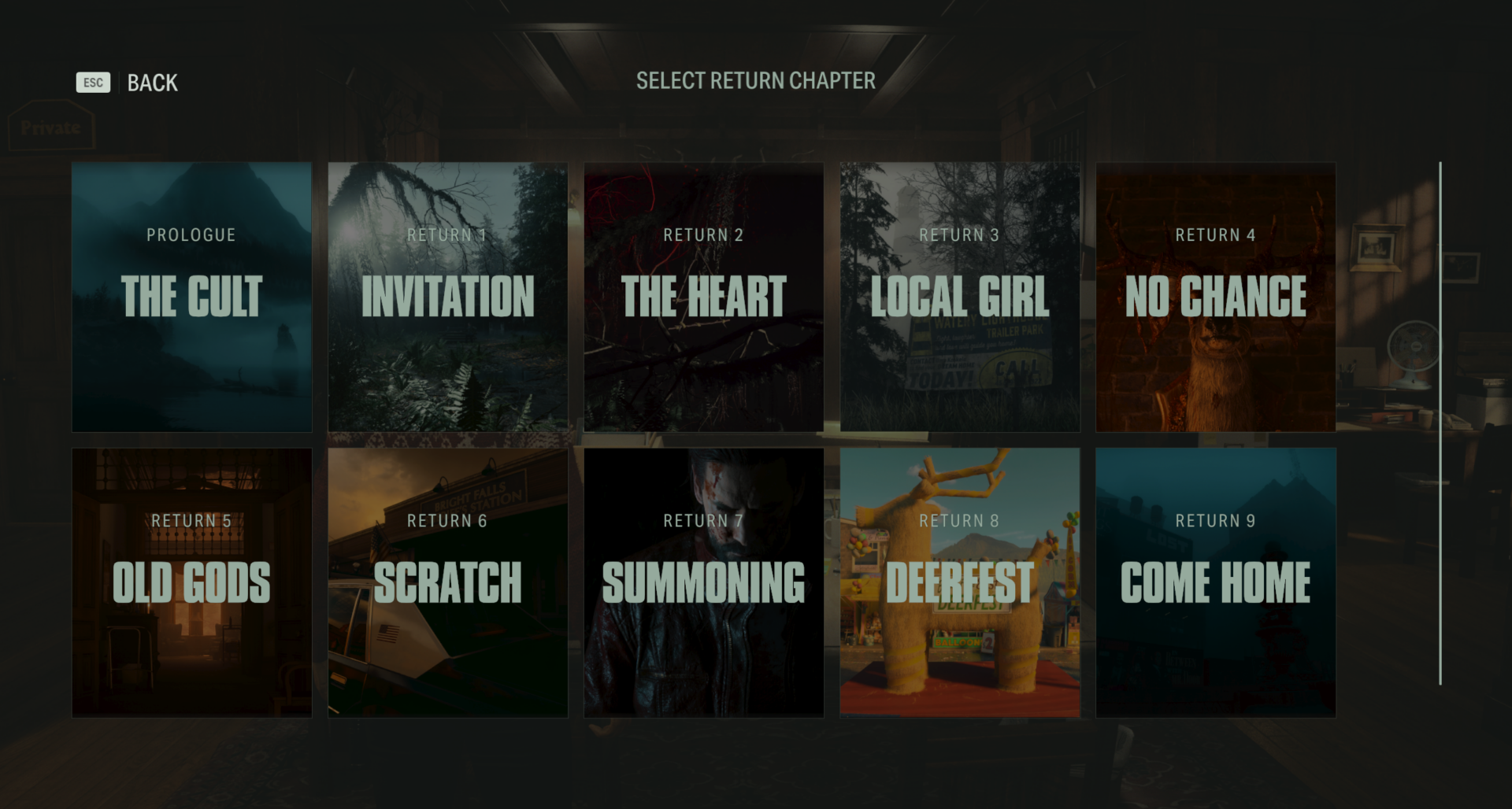 Chapter Select menu in Alan Wake 2